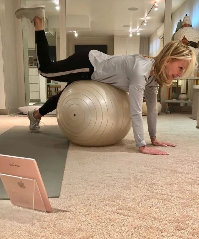 Client doing an online personal training session with Coach Lil via Zoom, working with an OzzyBall at home